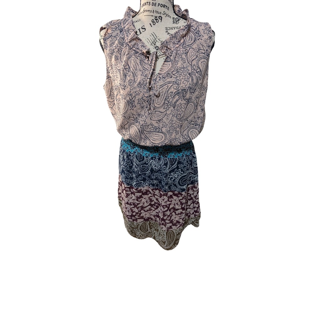 Cabi Womens Small Paisley Tiered Boho Sleeveless Ruffled Tie Neck Smocked Dress